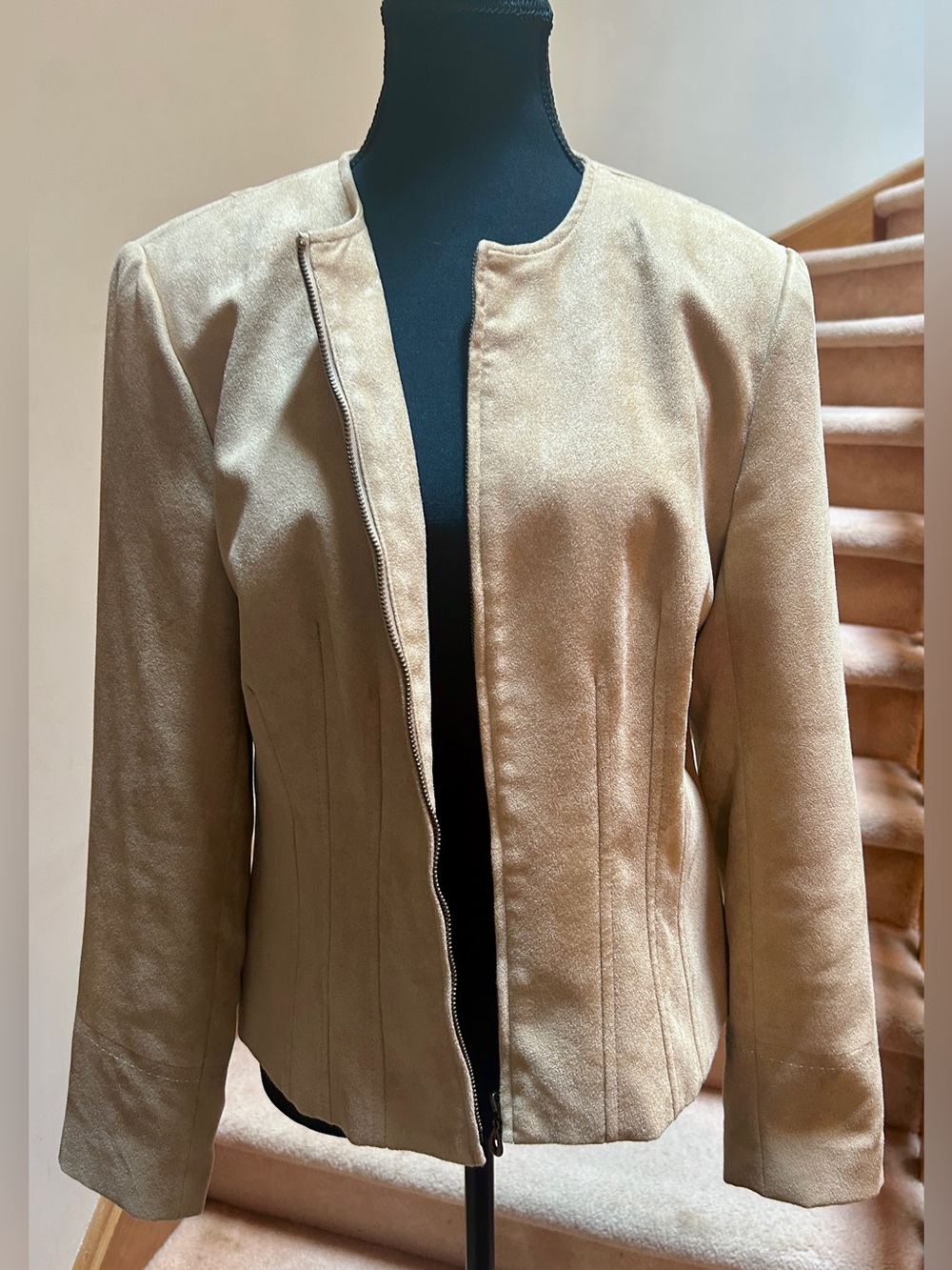 Women's Beige Faux Suede Zipper Collarless Jacket, 1990s Vintage